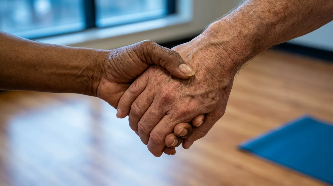 Close-up macro photo of two diverse seniors' hands clasped after a fitness class.