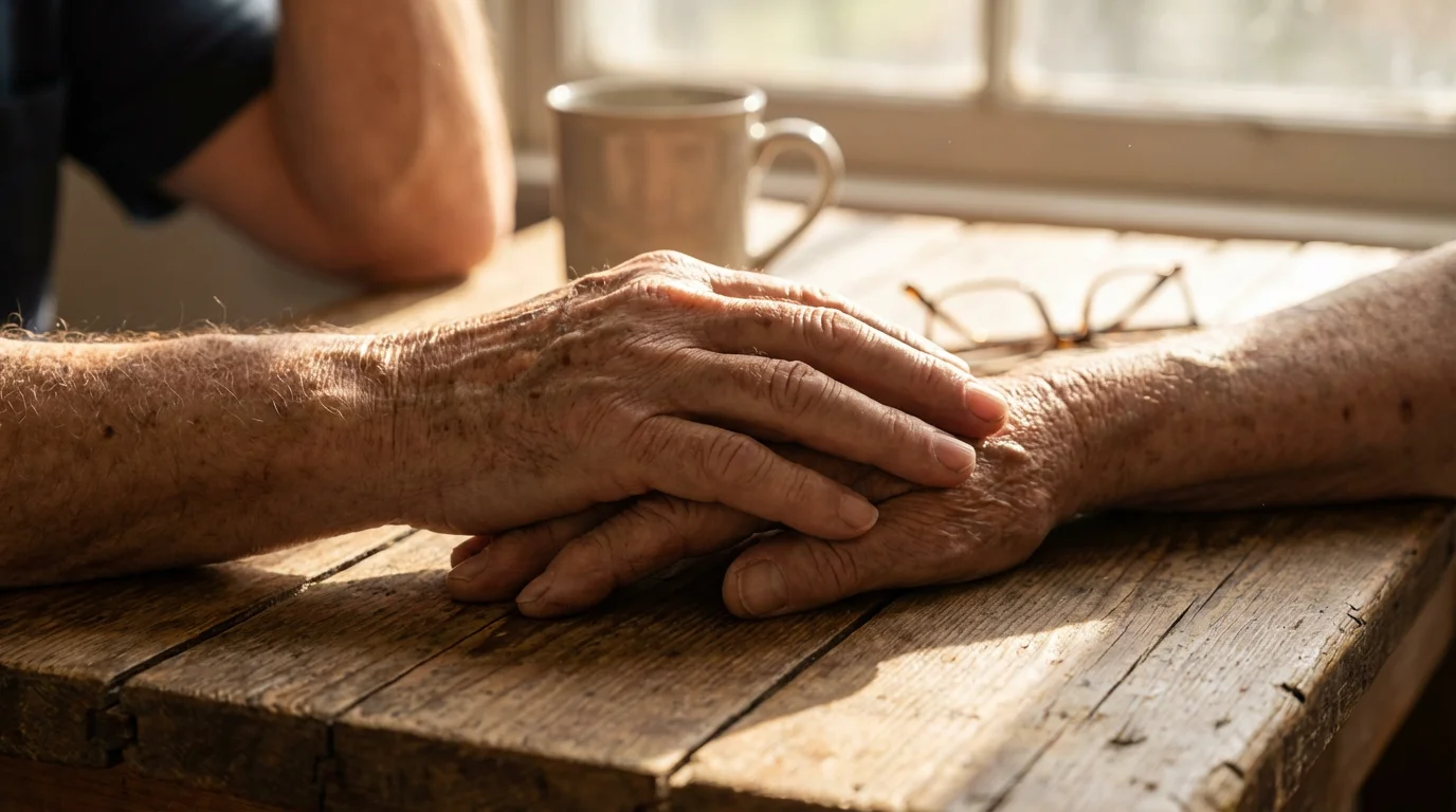 Close-up macro photo of two elderly friends' hands clasped together in a supportive gesture.