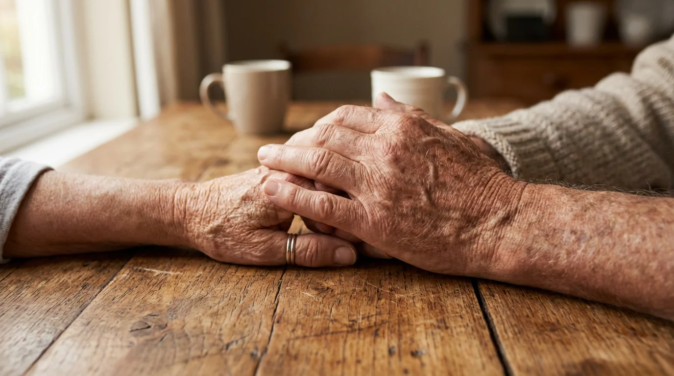 Close-up macro photo of two elderly friends' hands gently held together on a table.