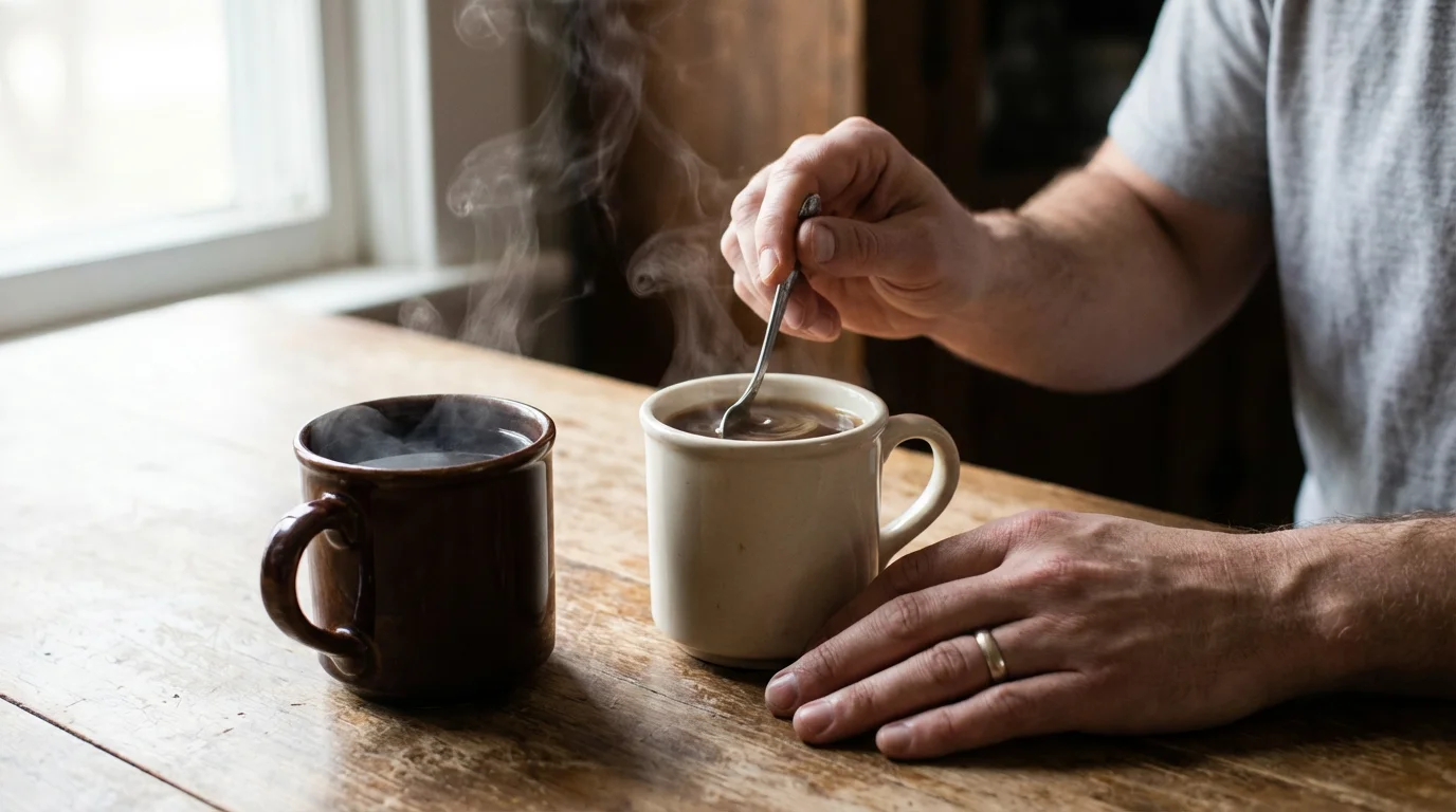Close-up macro photo of two hands and two coffee mugs on a table.