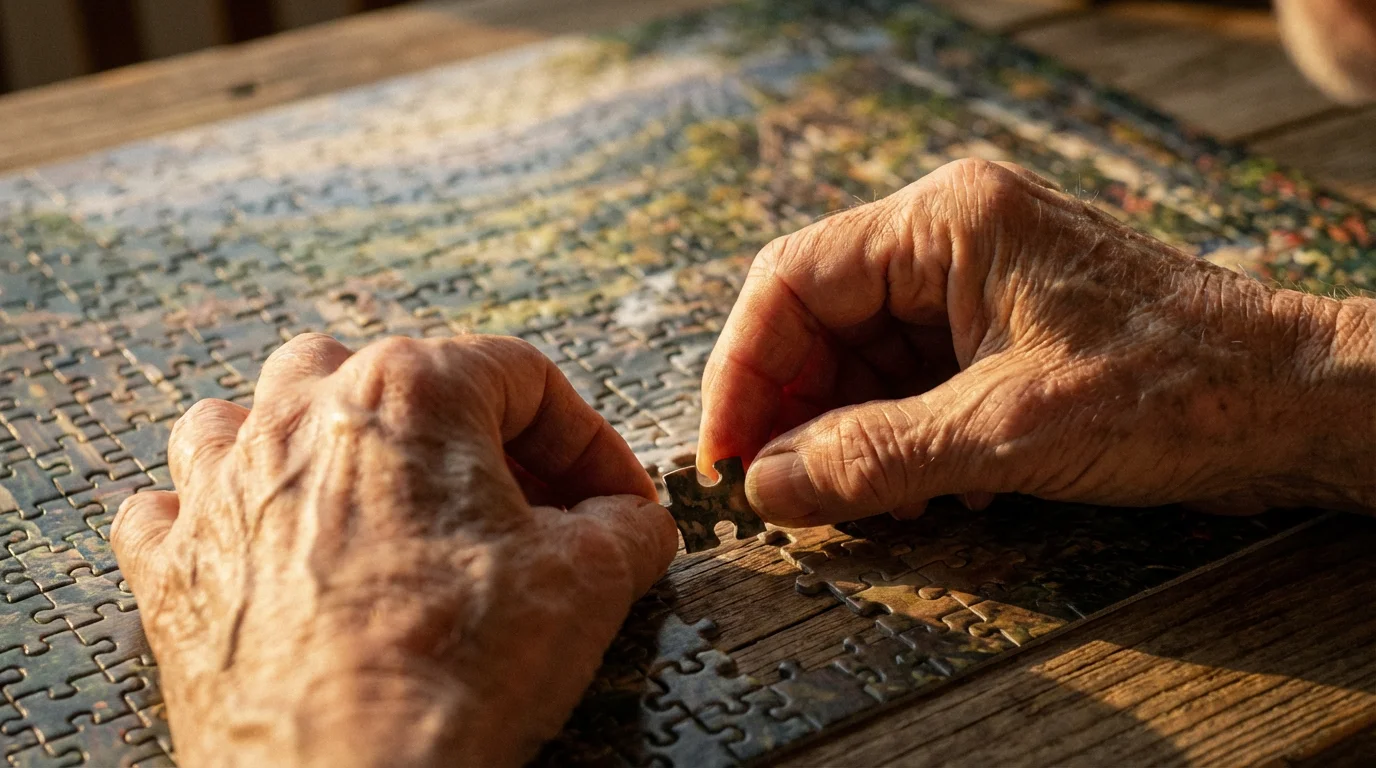 Close-up macro photo of two senior hands completing a jigsaw puzzle at golden hour.