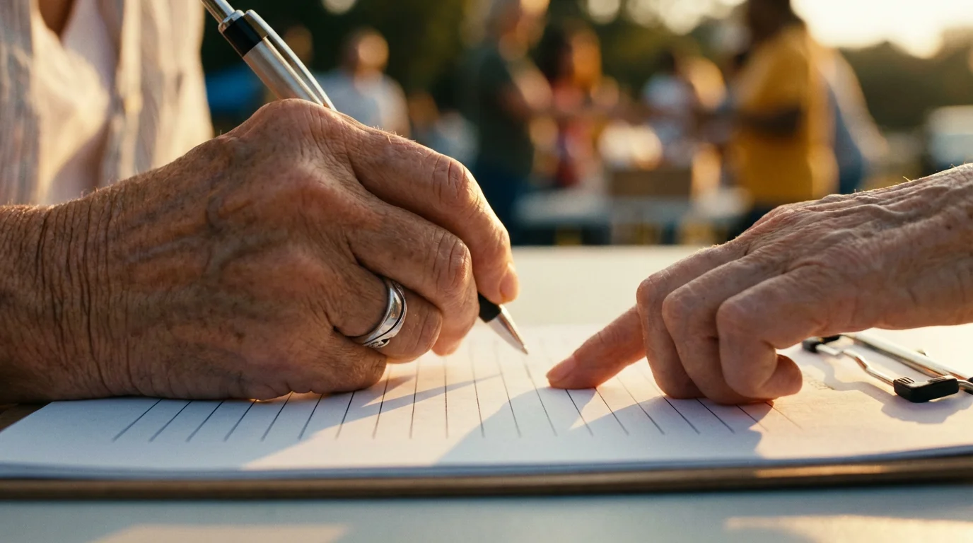 Close-up macro shot of a senior's hand poised to sign a volunteer sheet.