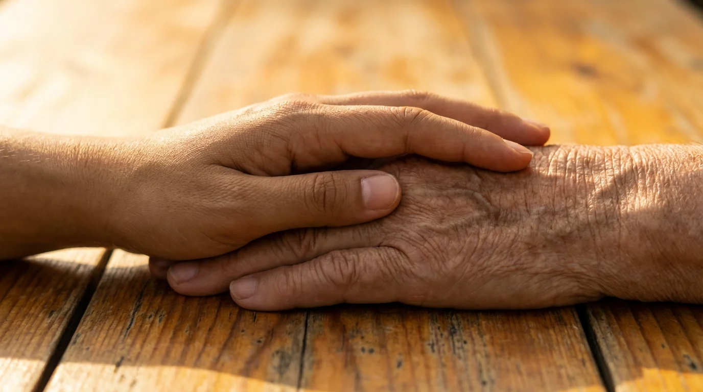 Close-up macro shot of a younger hand gently holding an elderly person's hand.