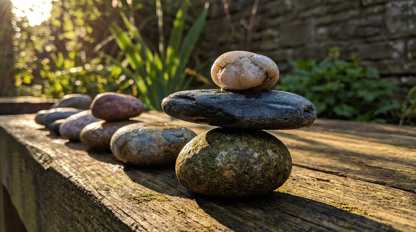 Close-up macro shot of stones stacked in a balanced cairn with long afternoon shadows.