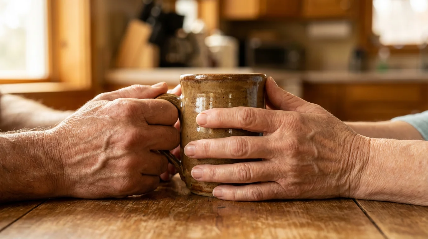 Close-up macro shot of two elderly people's hands holding a single coffee mug together.