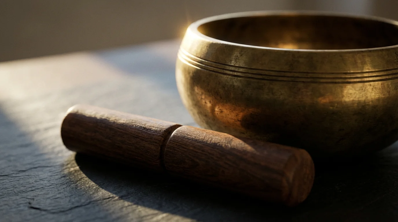 Close-up of a brass singing bowl and mallet in moody afternoon light.
