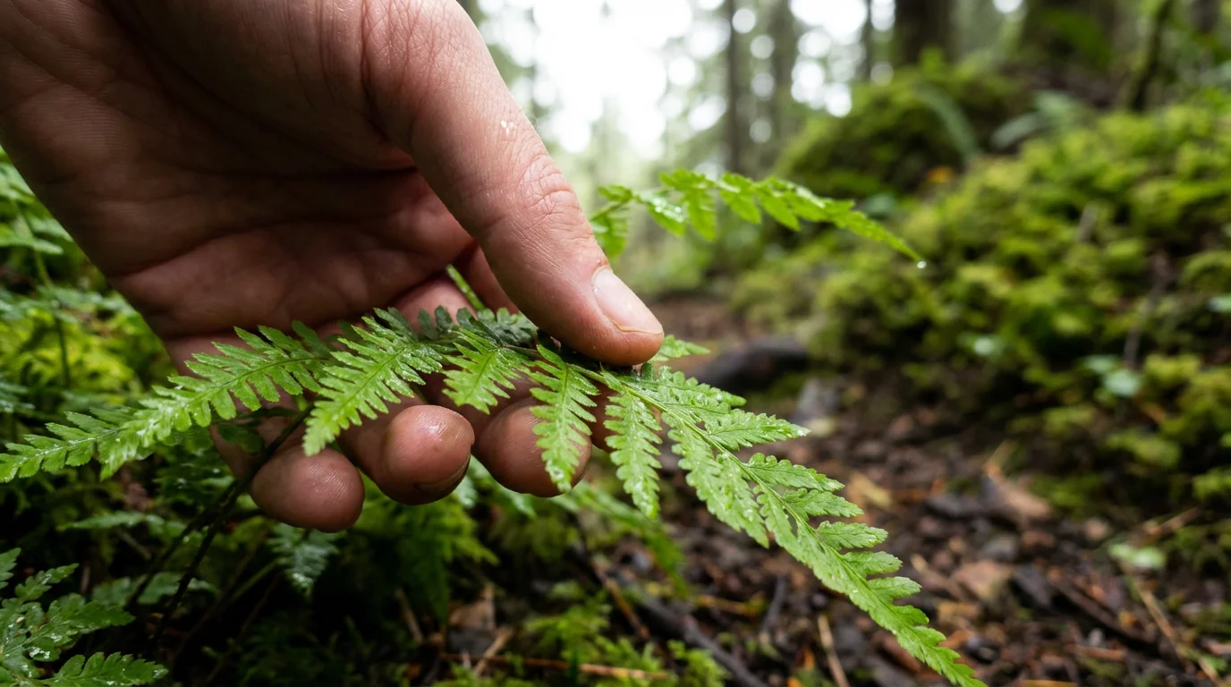 Close-up of a hand gently touching a vibrant green fern frond in a forest.
