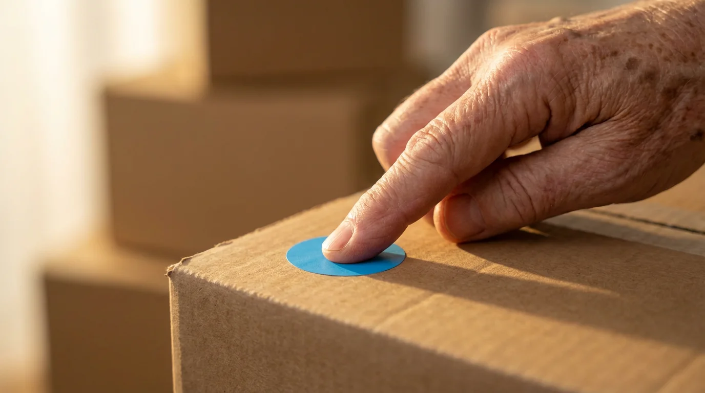 Close-up of a hand placing a blue color-coded sticker on a cardboard moving box.