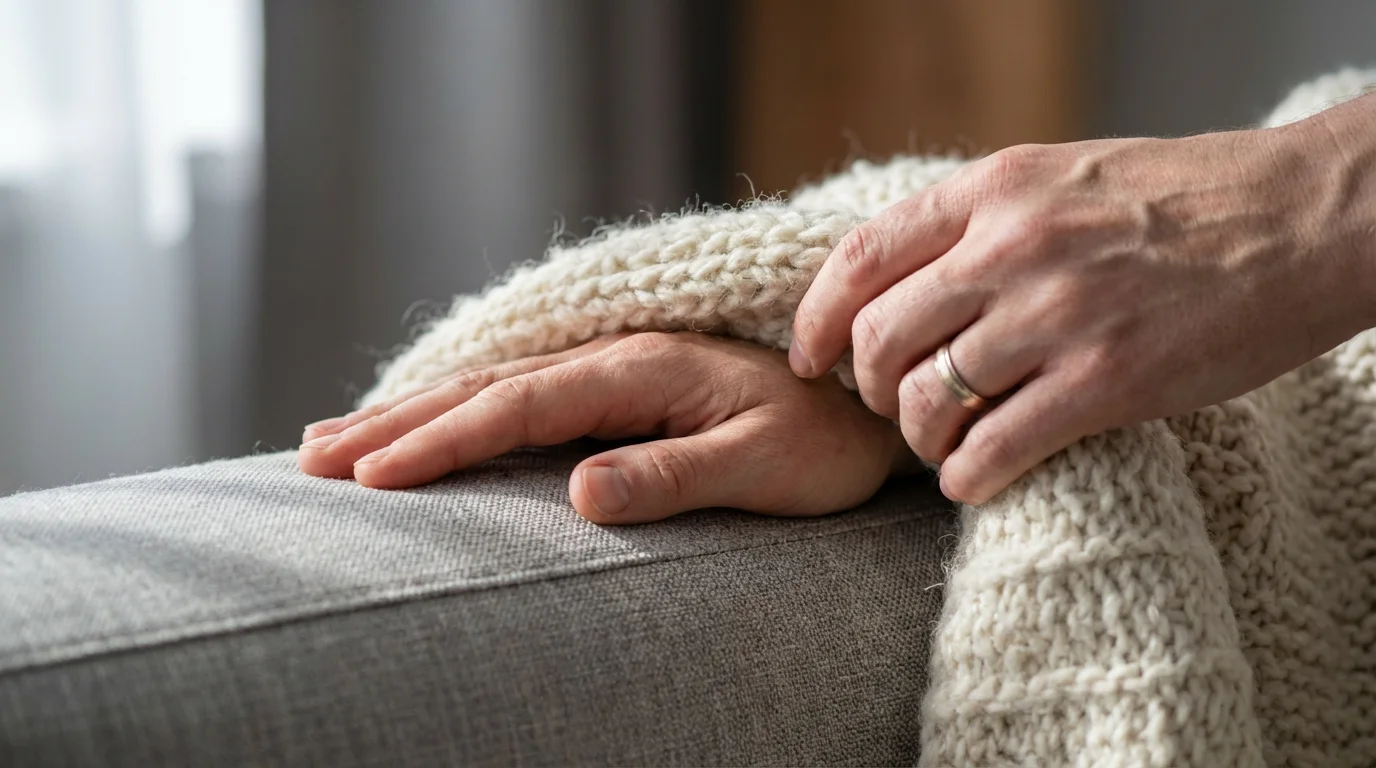Close-up of a hand placing a soft knitted blanket over another person's resting hand.