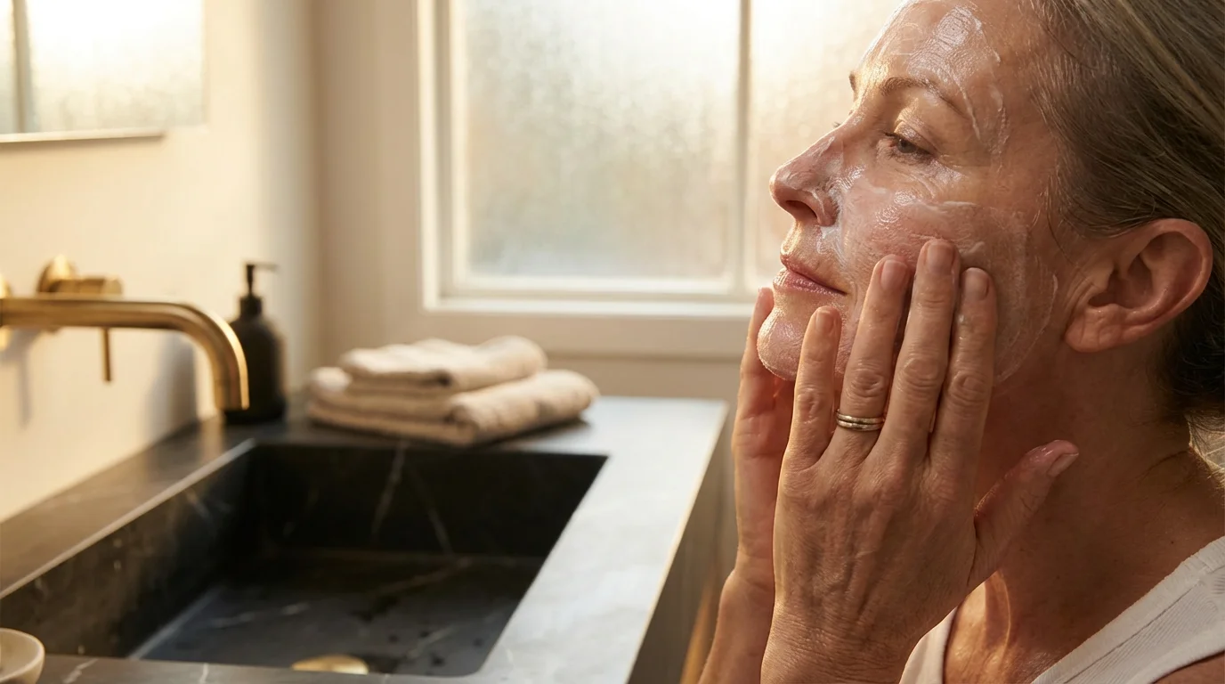 Close-up of a mature woman's hands applying a gentle cream cleanser in a bathroom.
