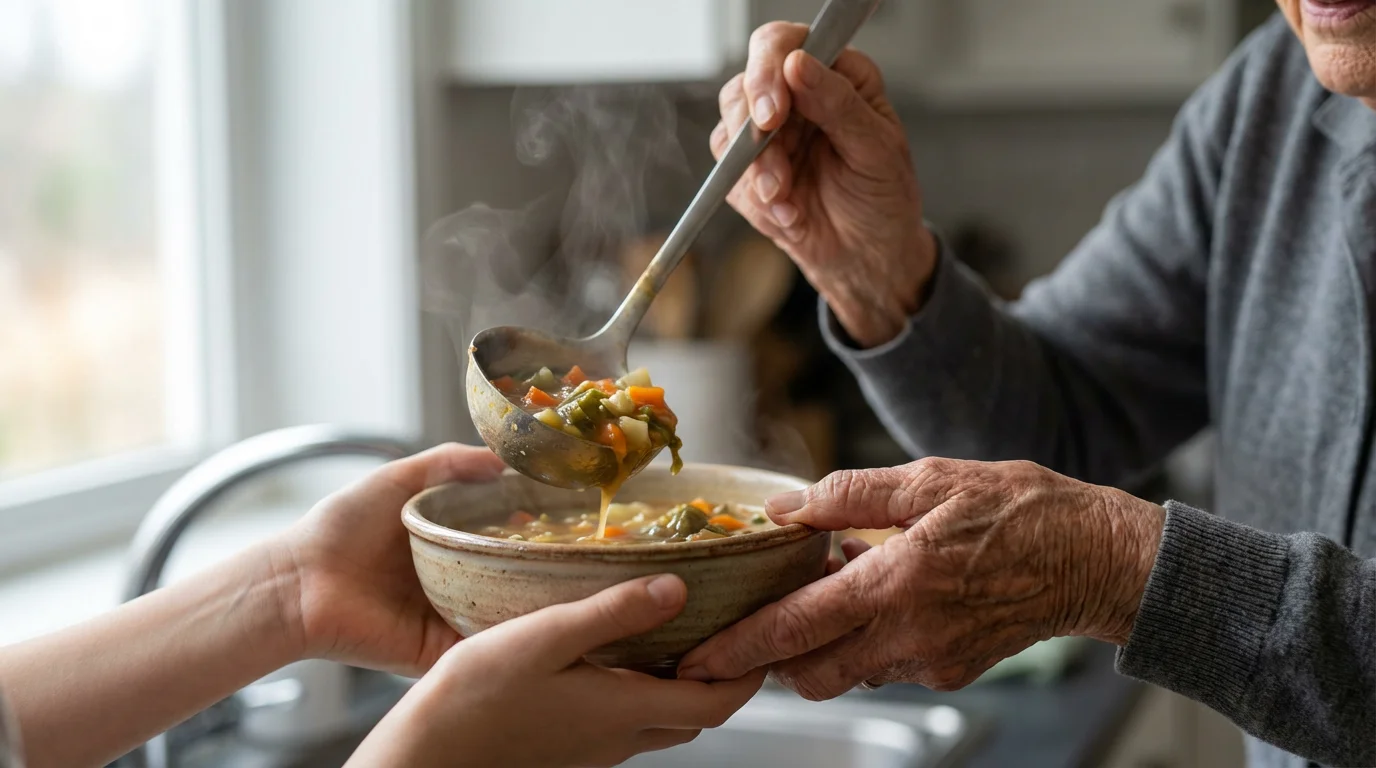 Close-up of a senior and younger volunteer's hands serving hot soup together.