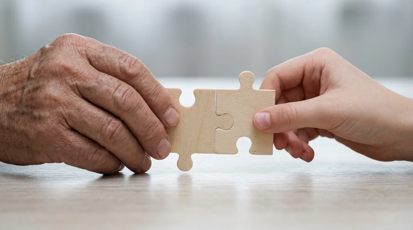Close-up of a senior hand and a younger hand connecting two blank puzzle pieces.