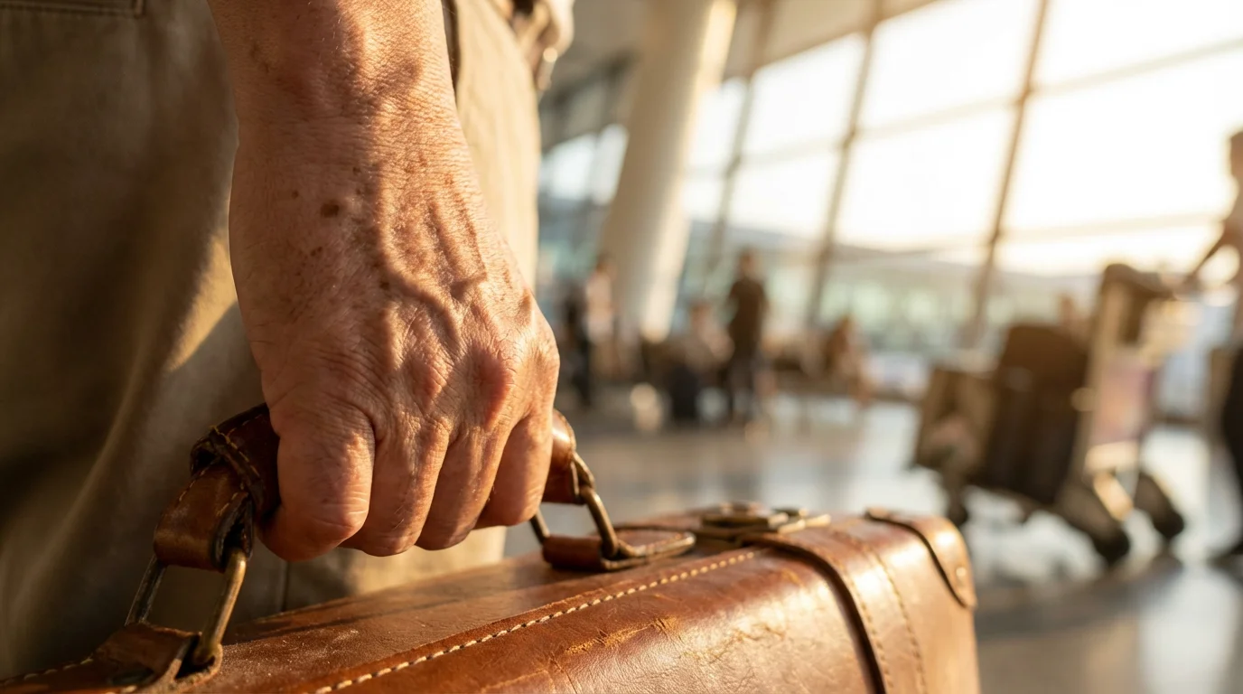 Close-up of a senior man's strong hand gripping the handle of a suitcase.