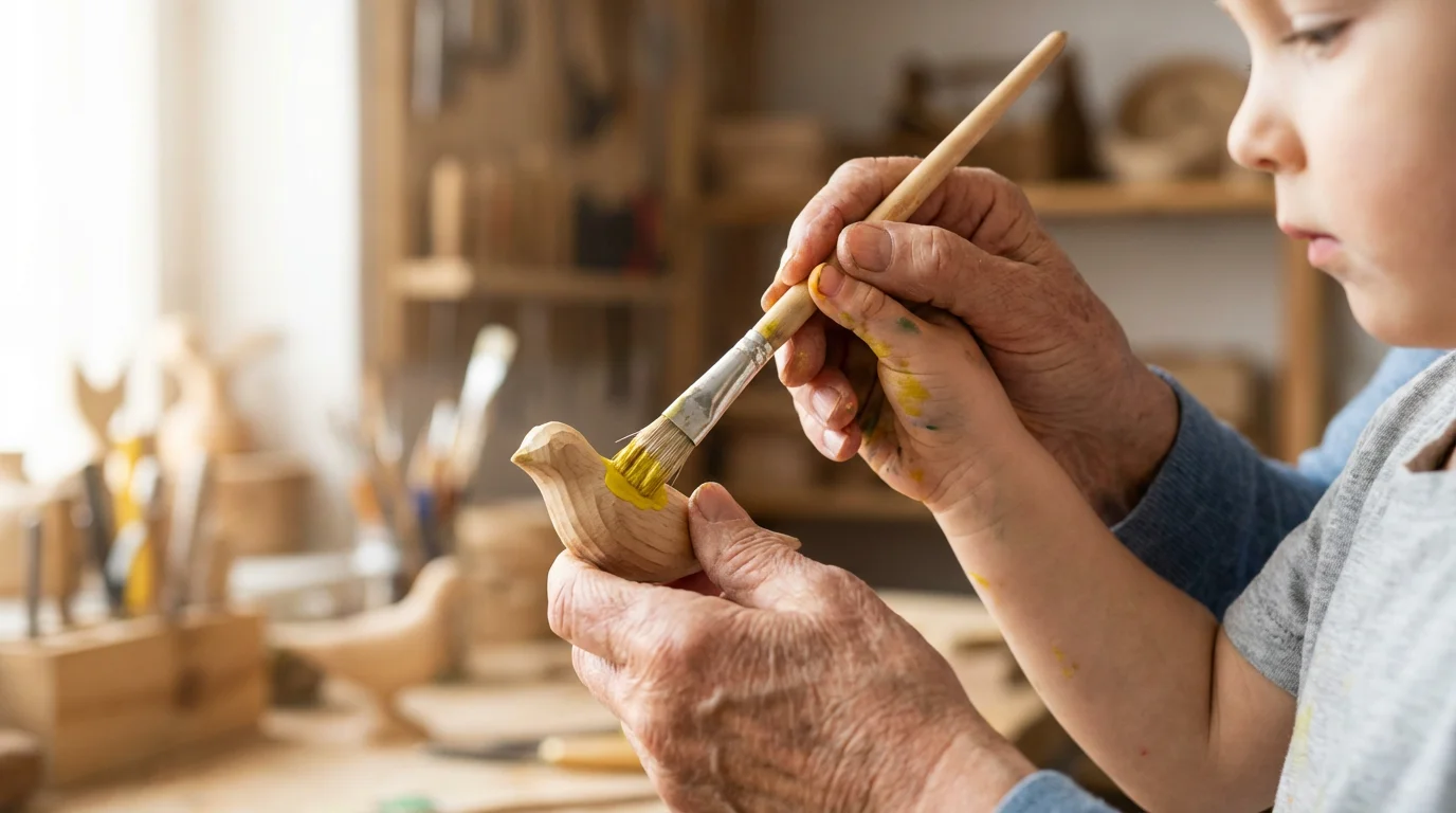 Close-up of a senior volunteer and child's hands painting a small wooden bird together.
