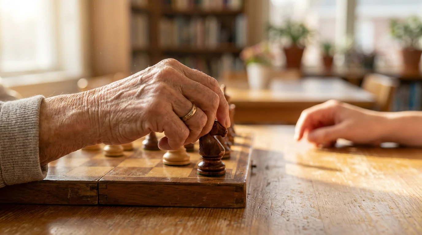 Close-up of a senior woman's hand moving a chess piece during a friendly game.