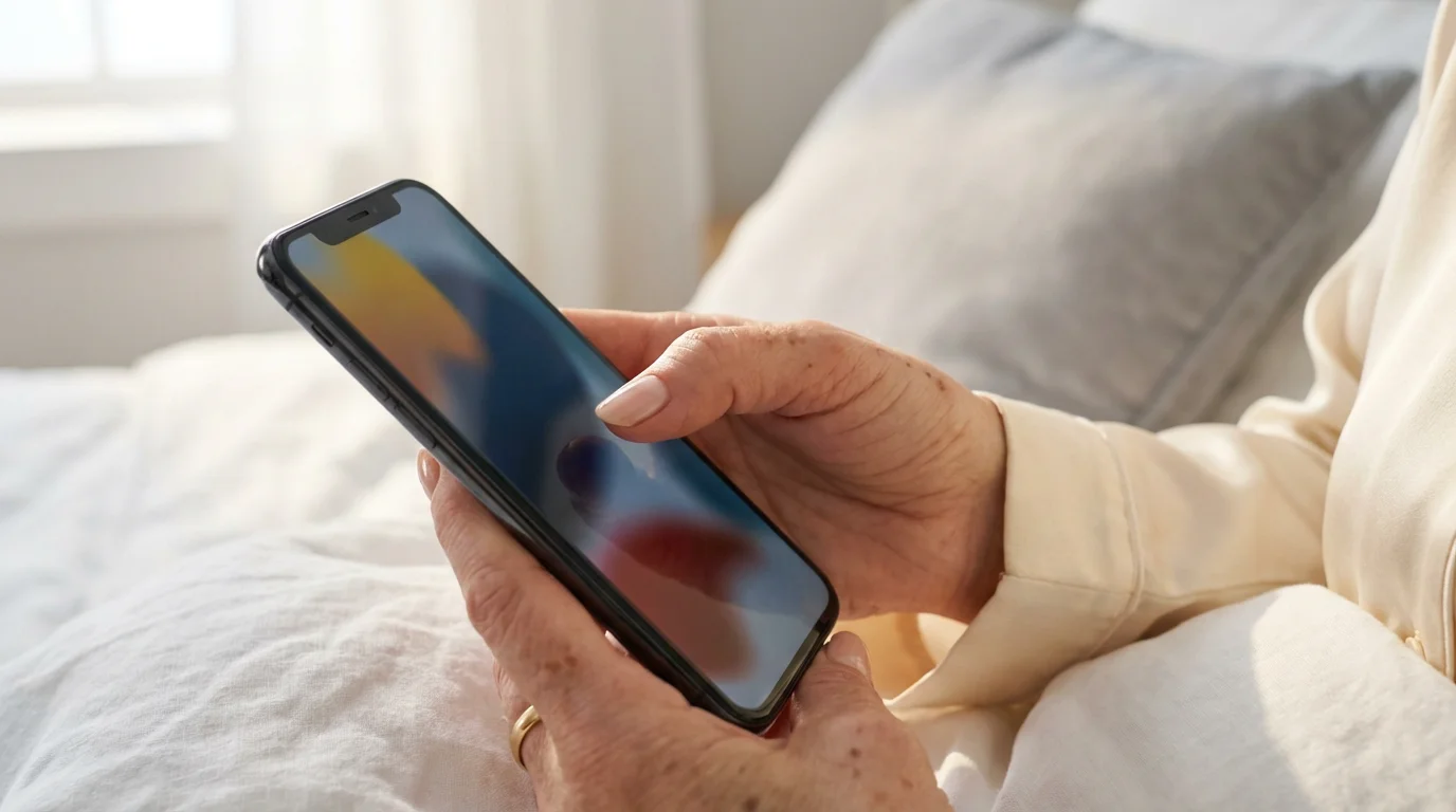 Close-up of a senior woman's hand swiping on a smartphone in the morning.