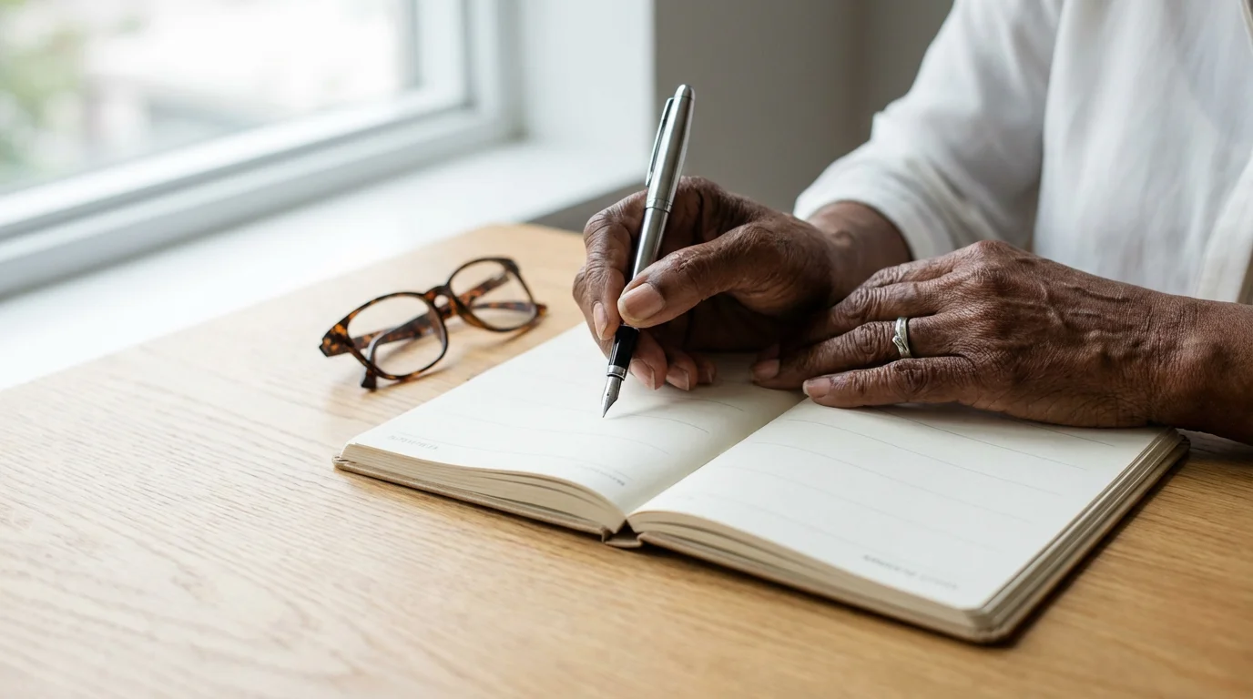 Close-up of a senior woman's hand with a pen, ready to write in a blank planner.