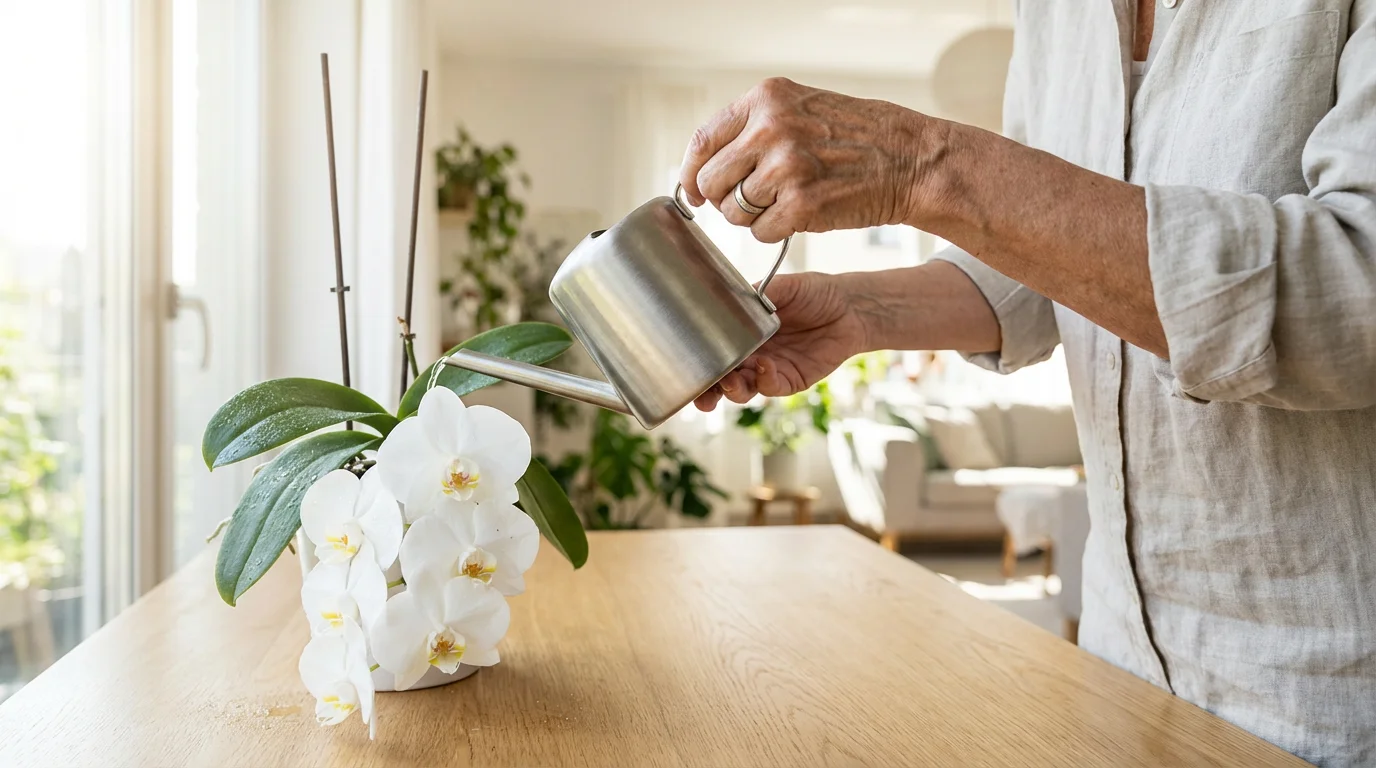 Close-up of a senior woman's hands gently watering a white orchid by a window.