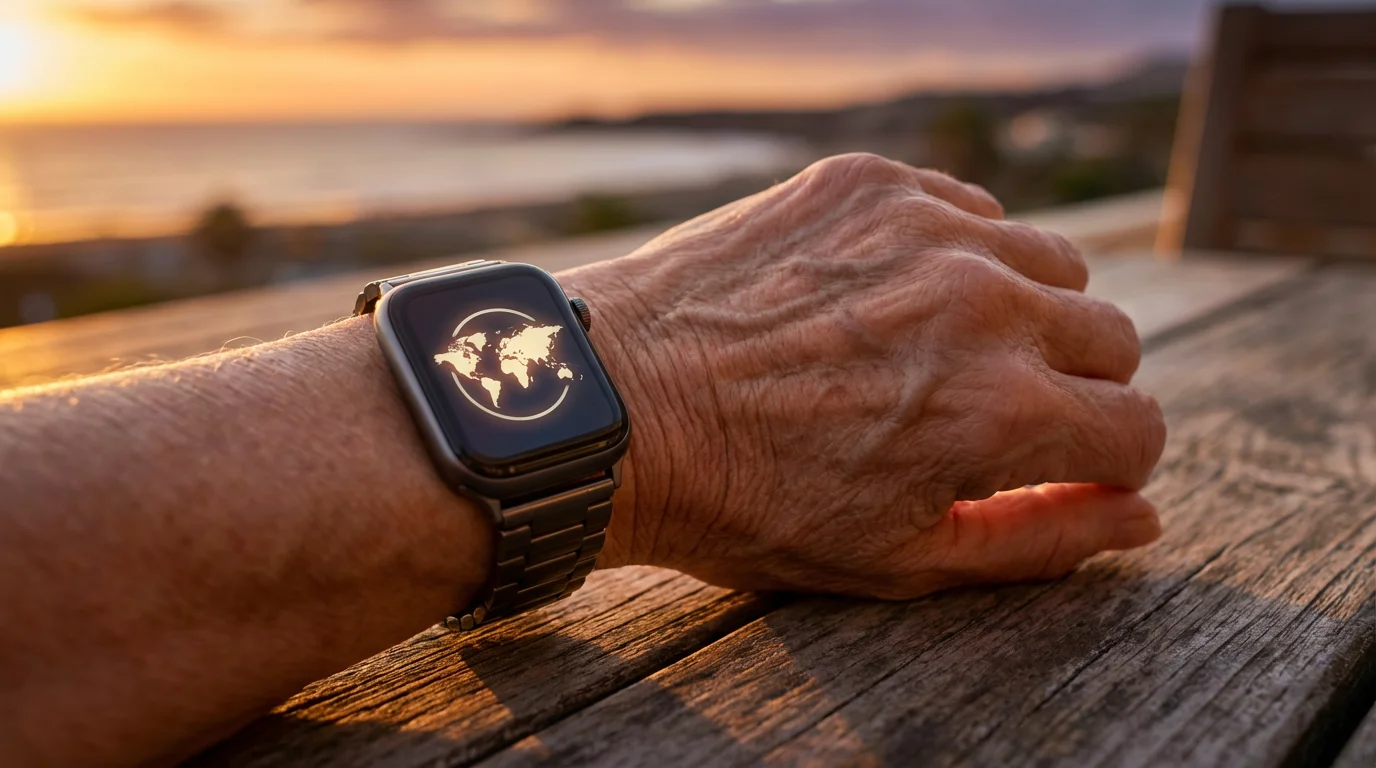 Close-up of a senior woman's wrist wearing a smartwatch during a golden hour sunset.