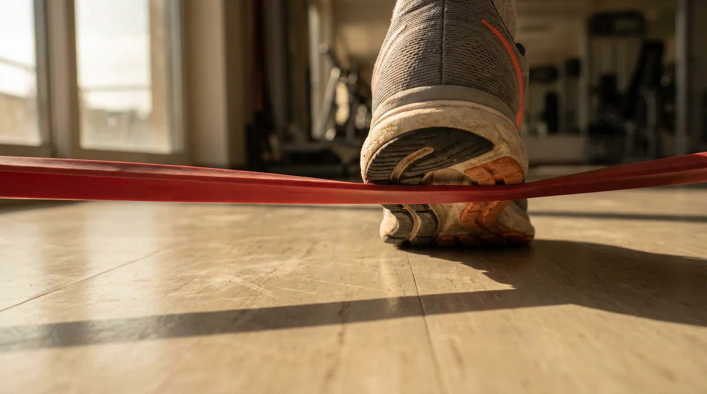 Close-up of a senior's athletic shoe anchoring a taut resistance band to the floor.