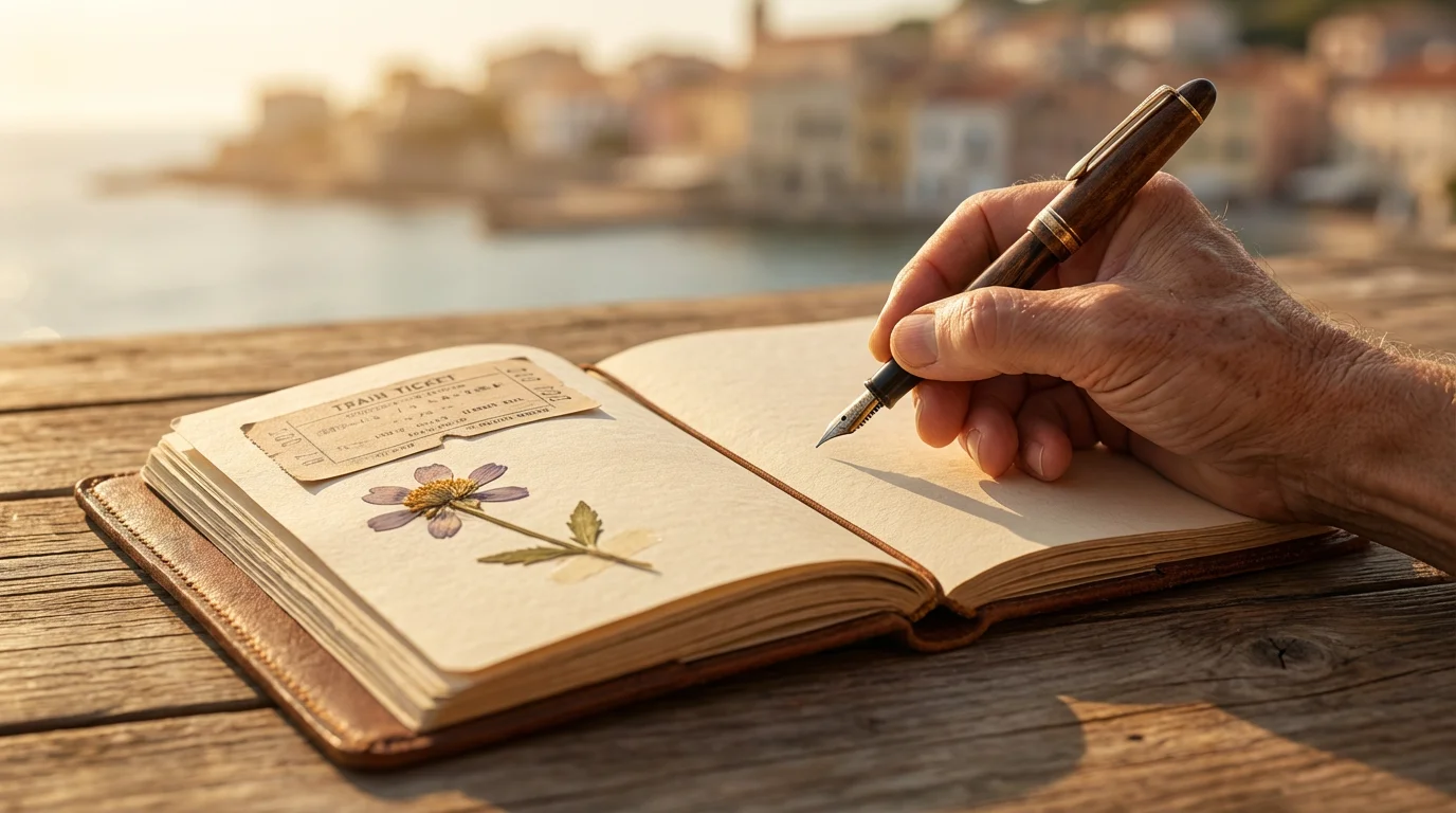 Close-up of a senior's hand, a pen, and a travel journal at golden hour.