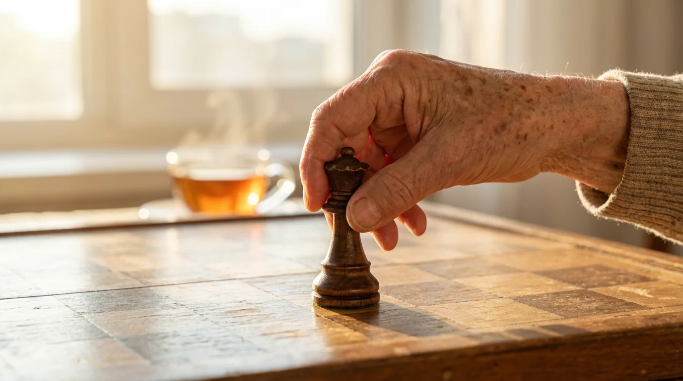 Close-up of a senior's hand moving a chess piece on a wooden board.