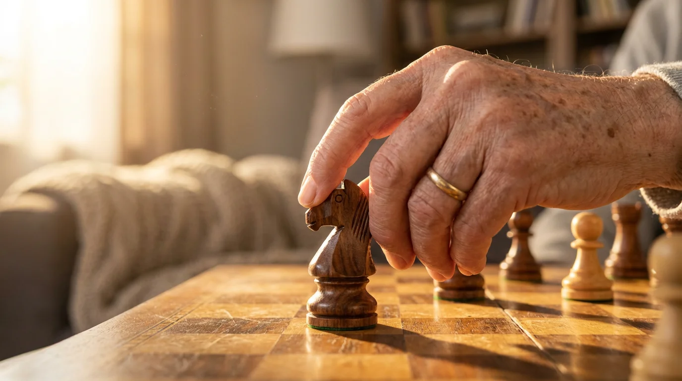 Close-up of a senior's hand moving a wooden knight chess piece during golden hour.