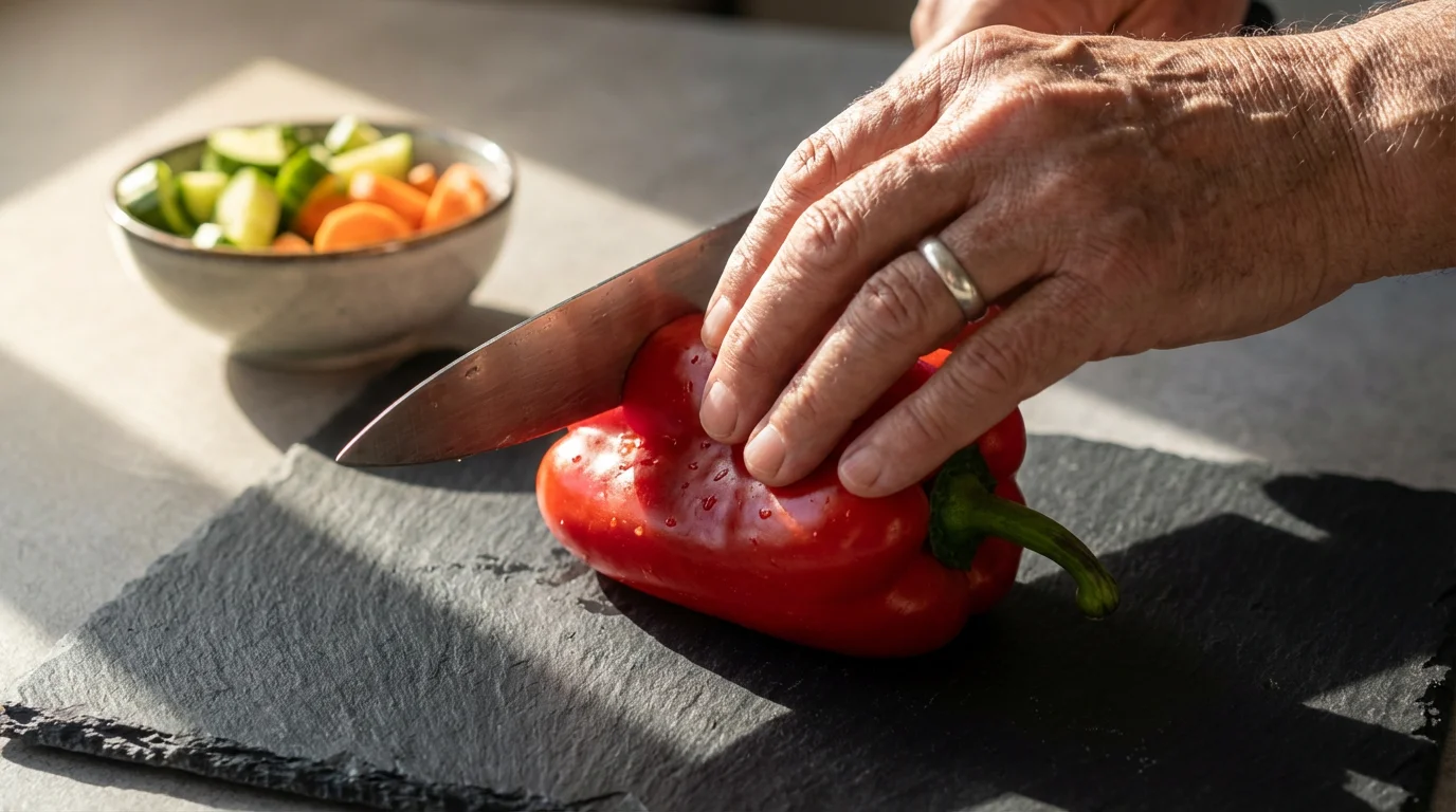 Close-up of a senior's hand slicing a fresh red bell pepper on a board.