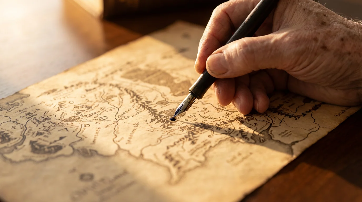 Close-up of a senior's hand with a fountain pen marking a vintage world map.