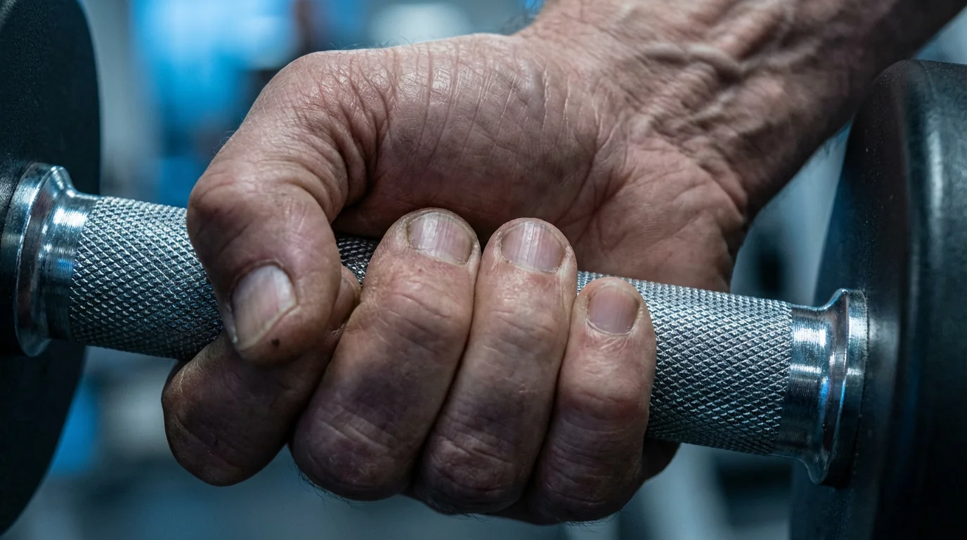Close-up of a senior's hand with wrinkles firmly gripping a metal dumbbell handle.