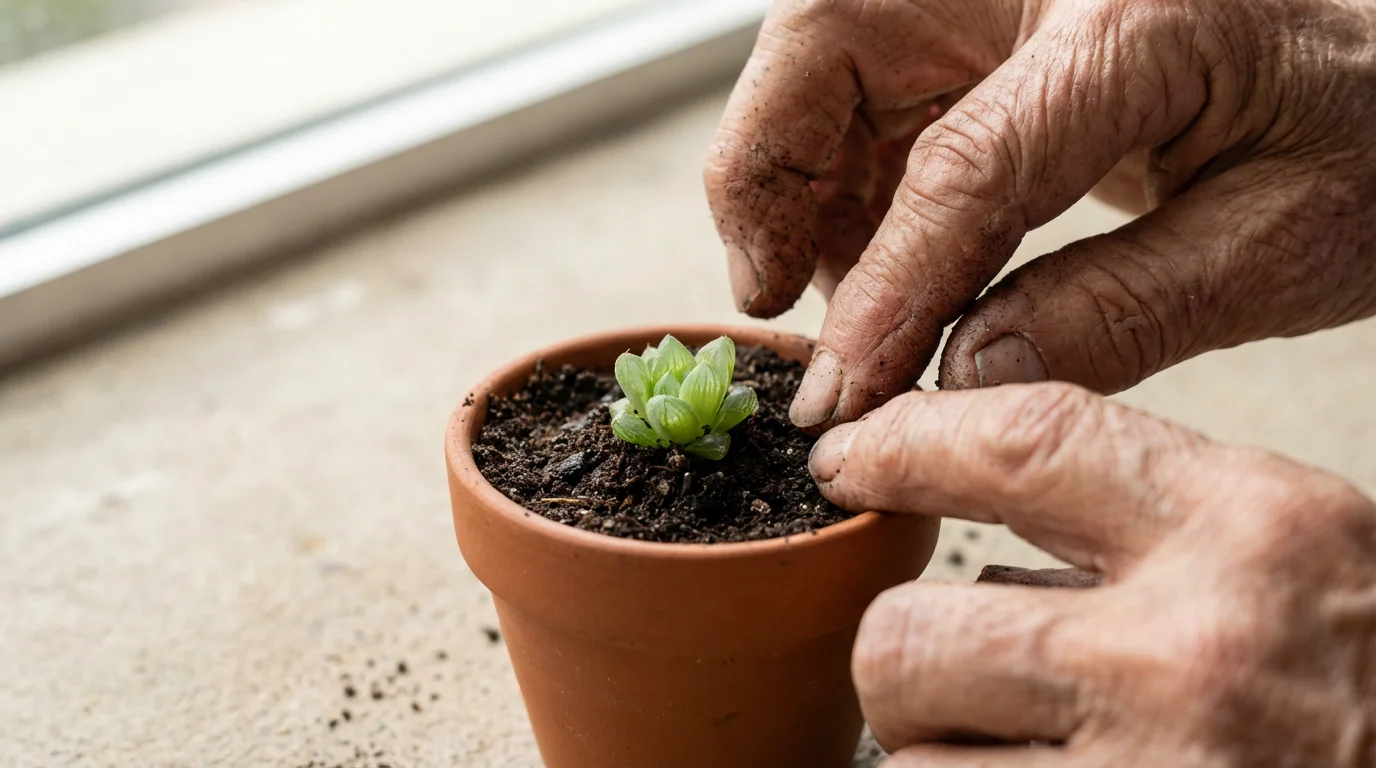 Close-up of a senior's hands carefully planting a tiny succulent in a small pot.