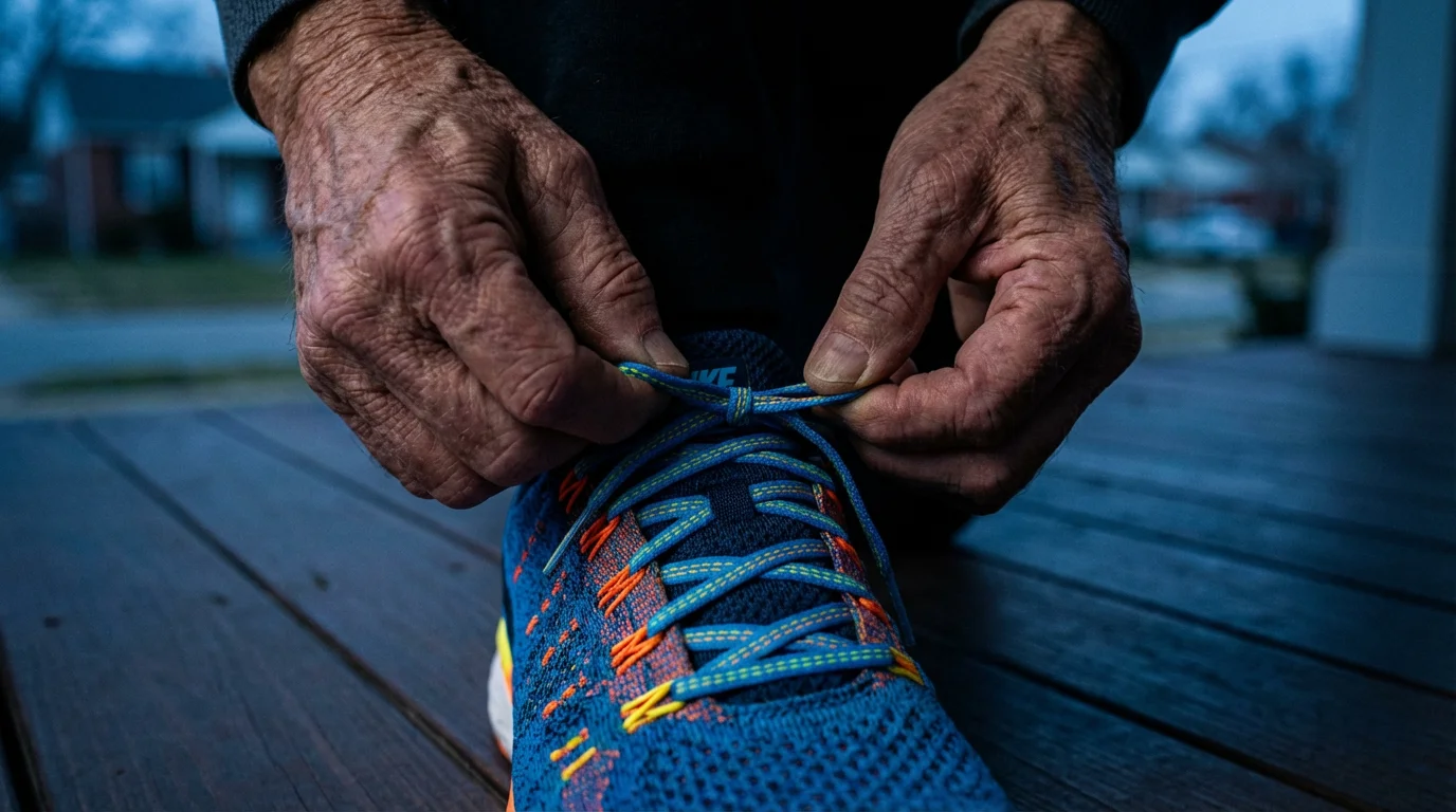 Close-up of a senior's hands tying the laces of a running shoe at dusk.