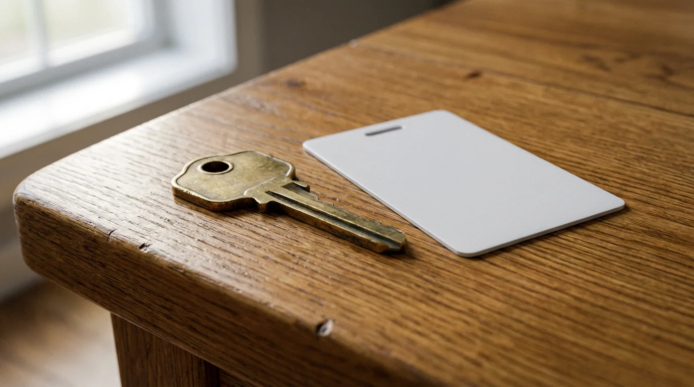 Close-up of a traditional brass key next to a modern plastic keycard on wood.