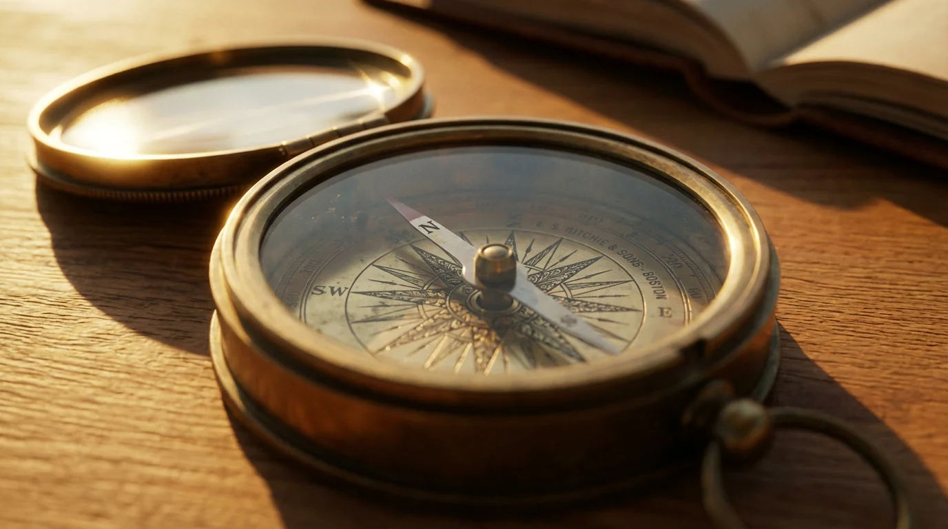 Close-up of a vintage brass compass on a wooden table during golden hour.