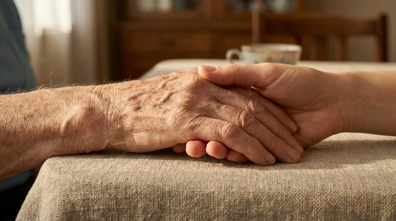 Close-up of a younger hand resting comfortingly on an elderly person's wrinkled hand.