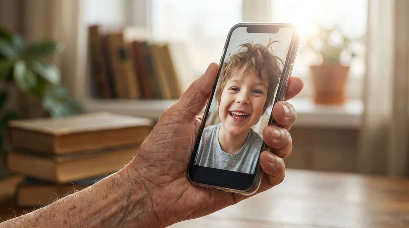 Close-up of an elderly hand holding a smartphone with a grandchild on video call.