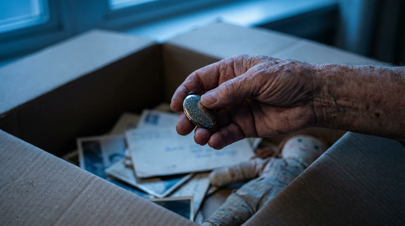 Close-up of an elderly hand holding a tarnished silver locket over a moving box.