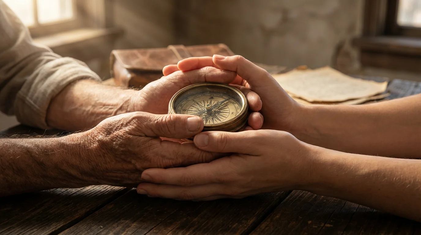 Close-up of an older and younger person's hands holding an antique brass compass together.