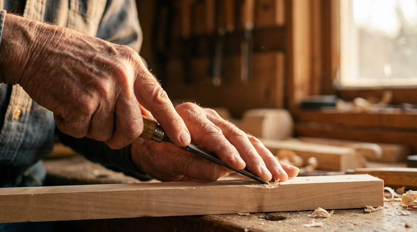 Close-up of an older hand guiding a younger hand in the craft of woodworking.