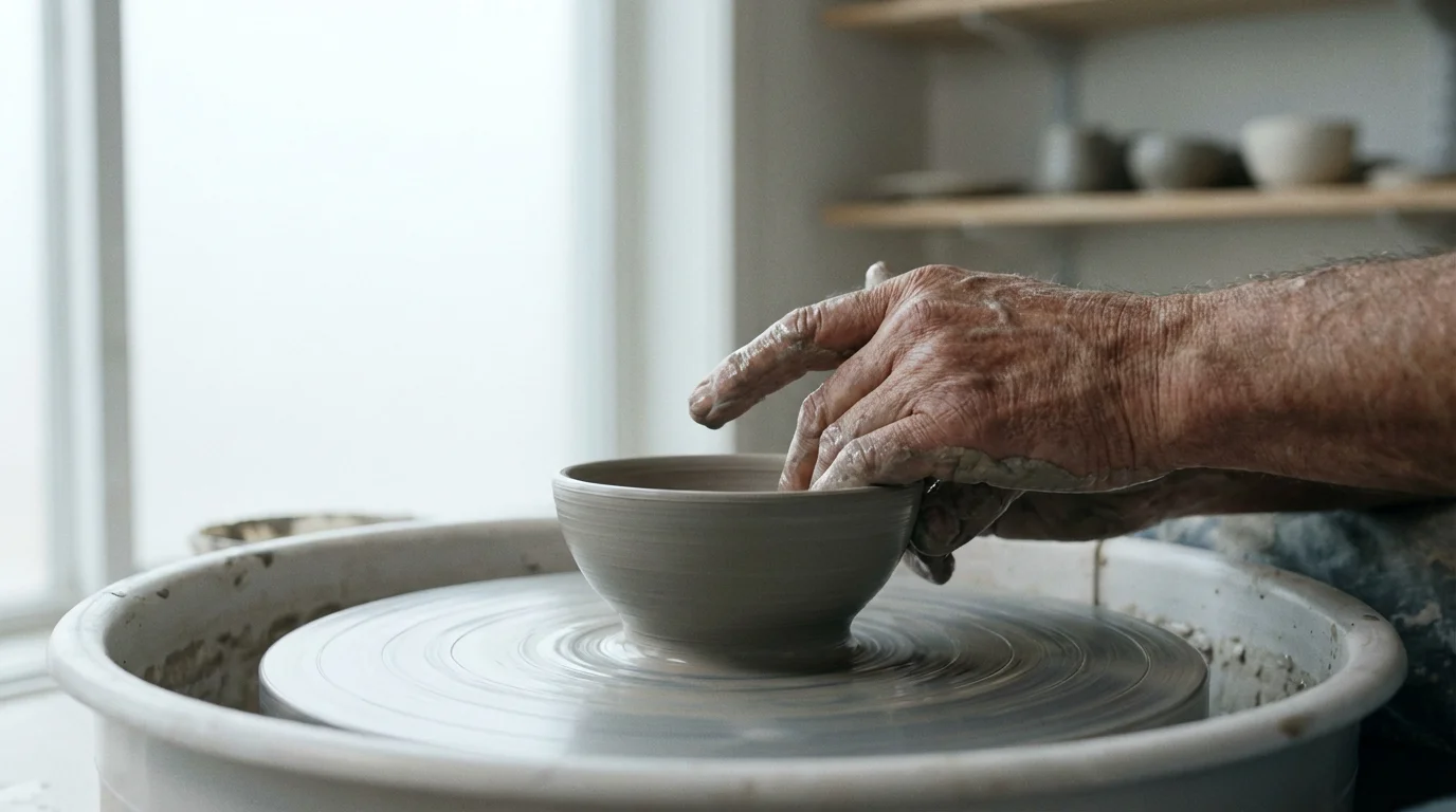 Close-up of an older person's hands shaping a clay bowl on a potter's wheel.