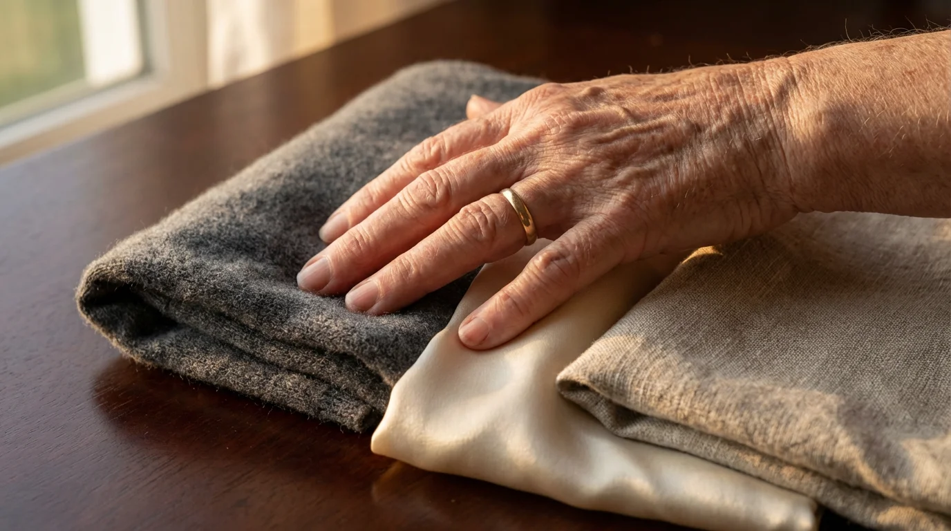Close-up of an older woman's hand touching luxurious fabric swatches in moody afternoon light.