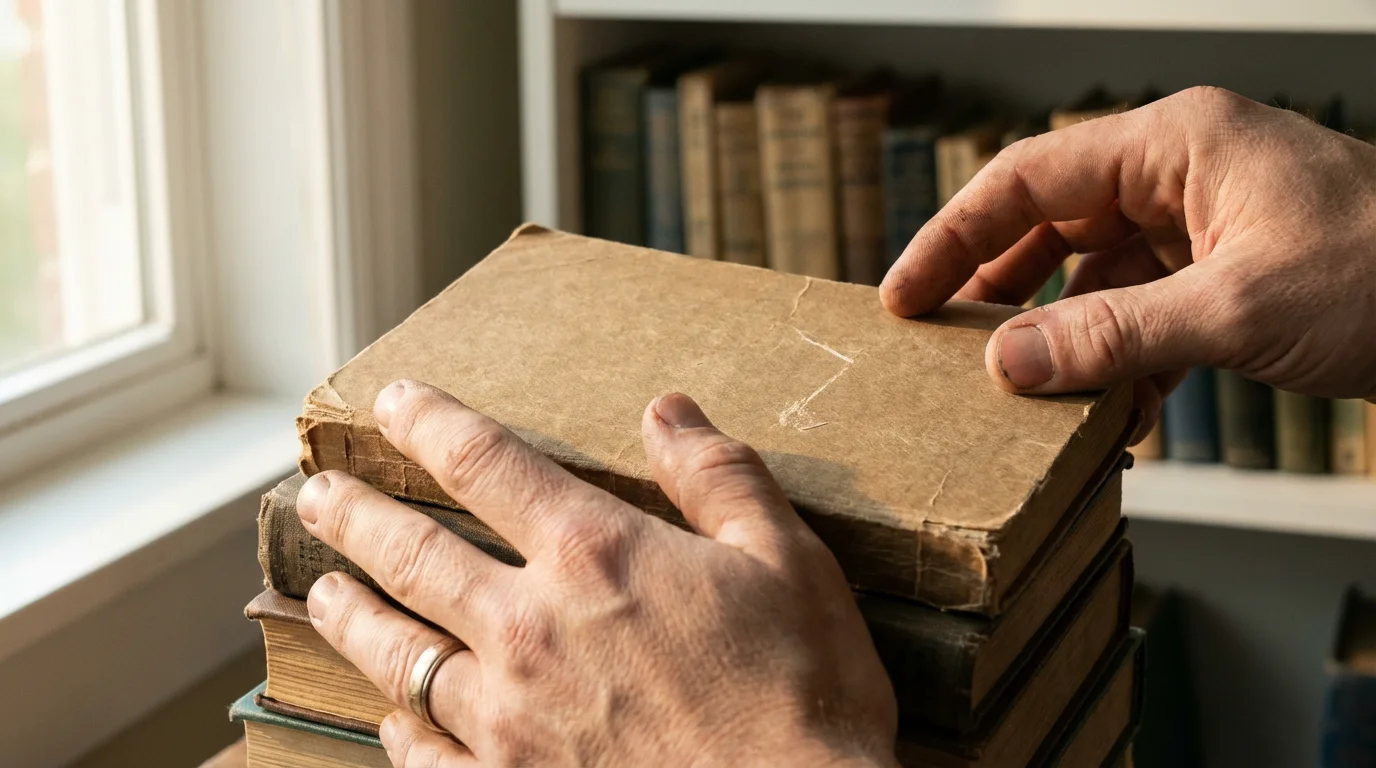 Close-up of hands carefully stacking donated books in soft morning light for volunteering.