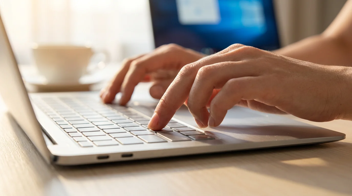 Close-up of hands typing an email on a laptop keyboard in soft morning light.
