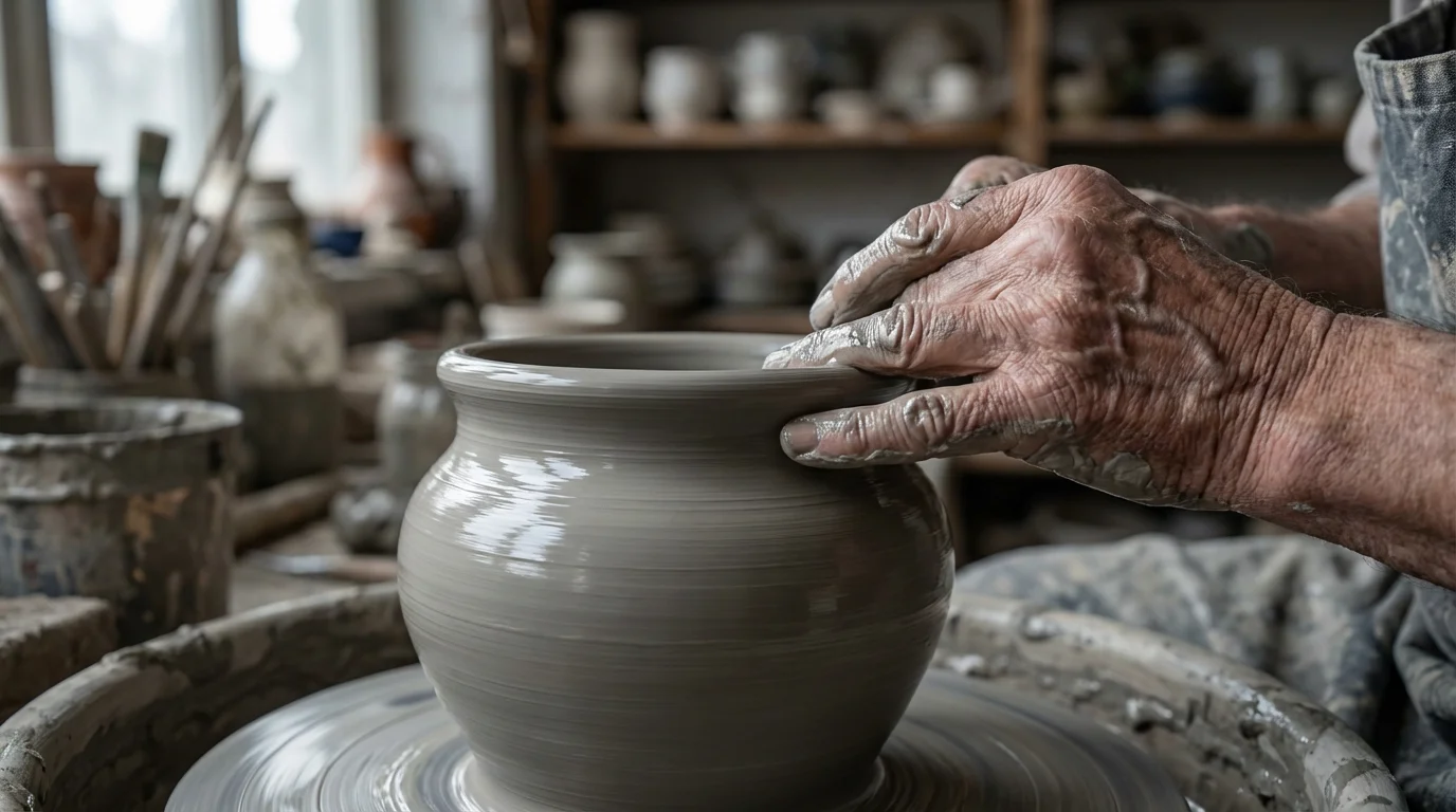 Close-up of senior hands molding a wet clay pot on a potter's wheel.