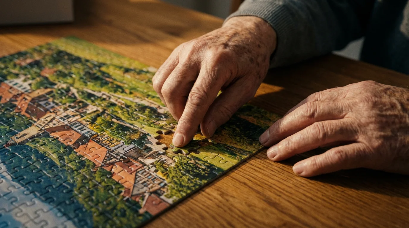 Close-up of two seniors' hands putting a jigsaw puzzle piece into place.
