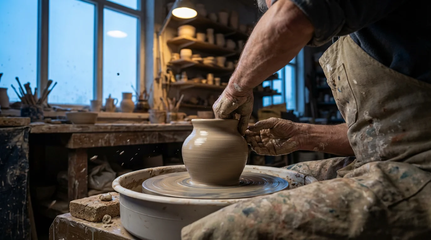 Close-up over-the-shoulder view of senior hands shaping clay on a pottery wheel at dusk.