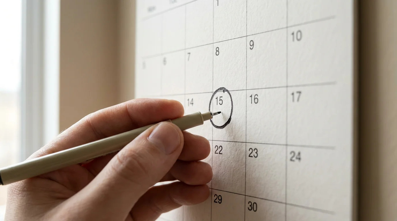 Close-up photo of a hand circling a date on a modern wall calendar.