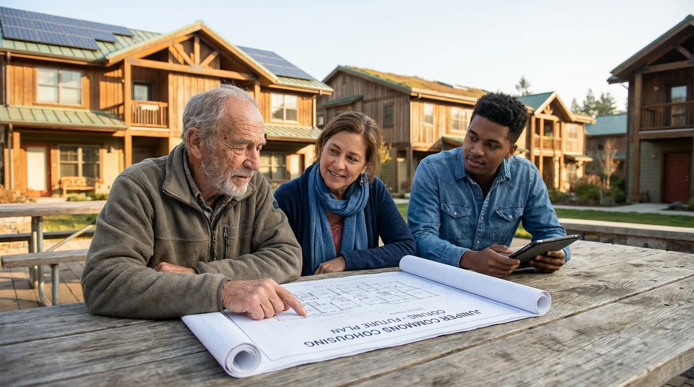 Diverse cohousing residents collaboratively reviewing architectural plans on a modern patio in the morning.