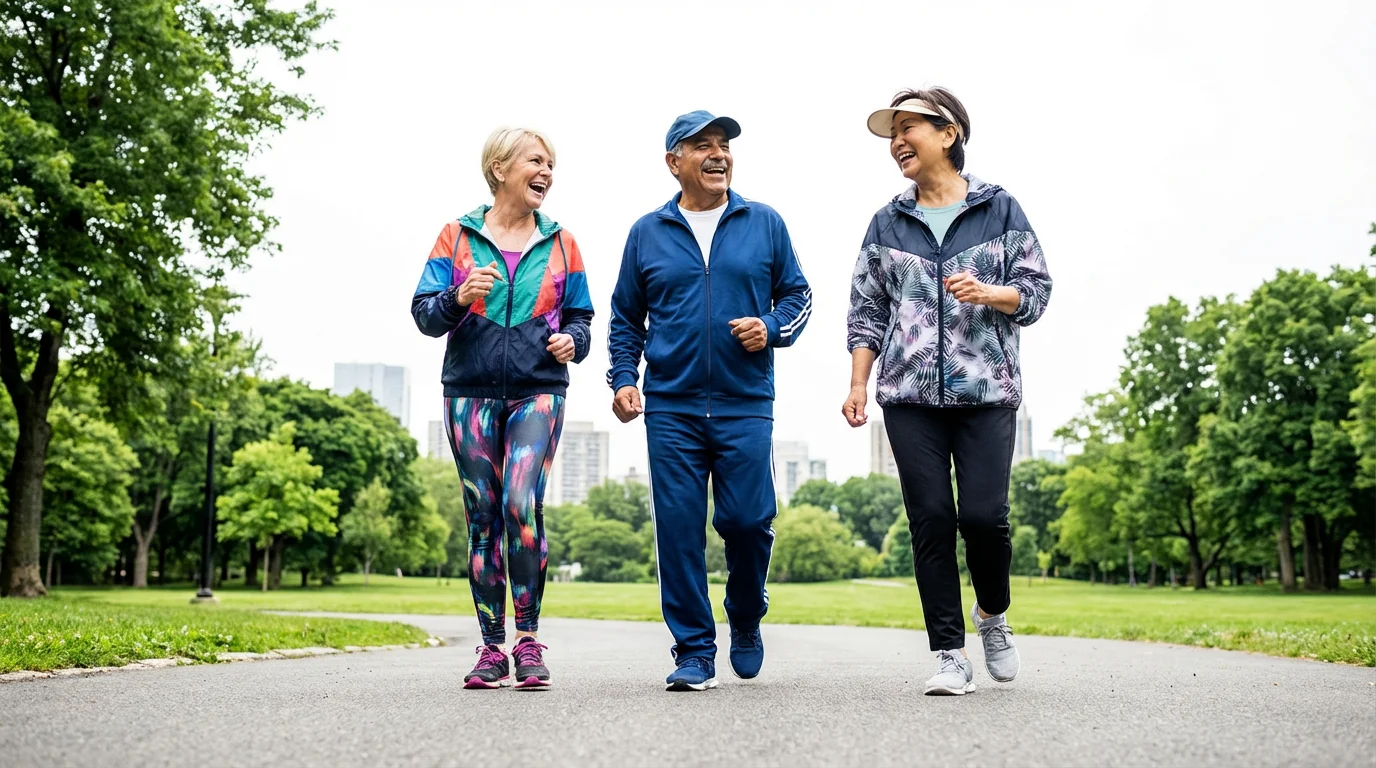 Diverse group of active seniors laughing together while walking on a park trail.