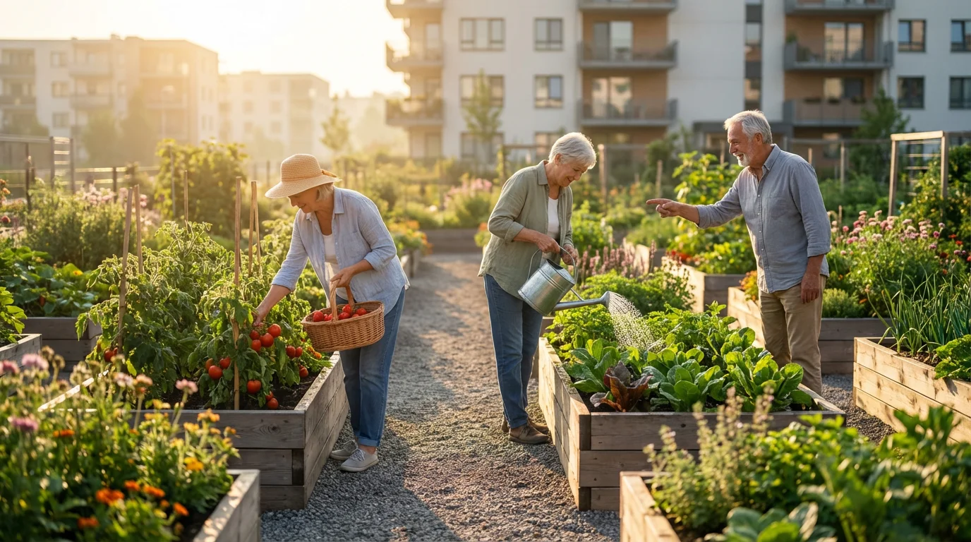 Diverse group of seniors gardening together in a sunny urban community garden.